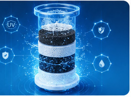 Multi-stage water purification cylinder with UV and filtration icons