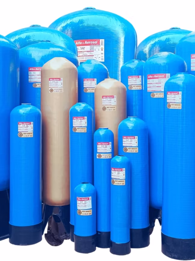 A range of water treatment tanks of different sizes